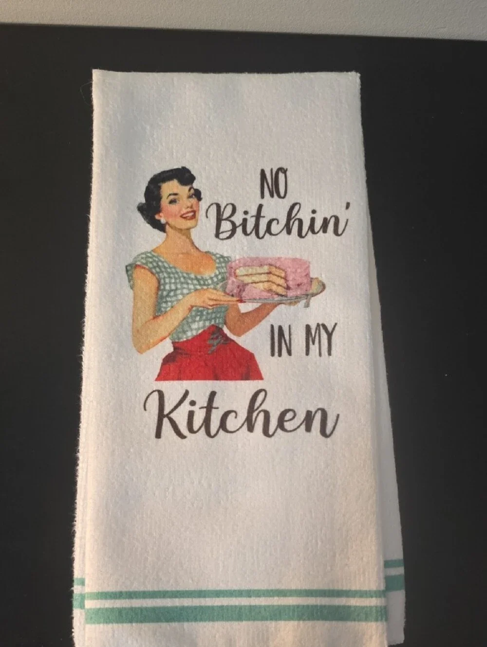 Set of Vintage-Style White Kitchen Towels with Teal Stripe and Retro Prints